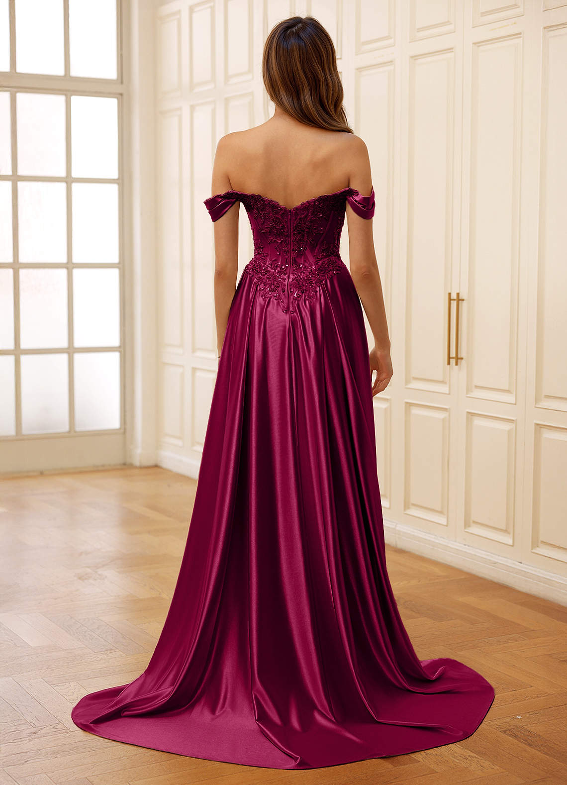 Rowane Burgundy Corset Rhinestone Sheer Lace Prom Dress  Dress - WSBYTLP