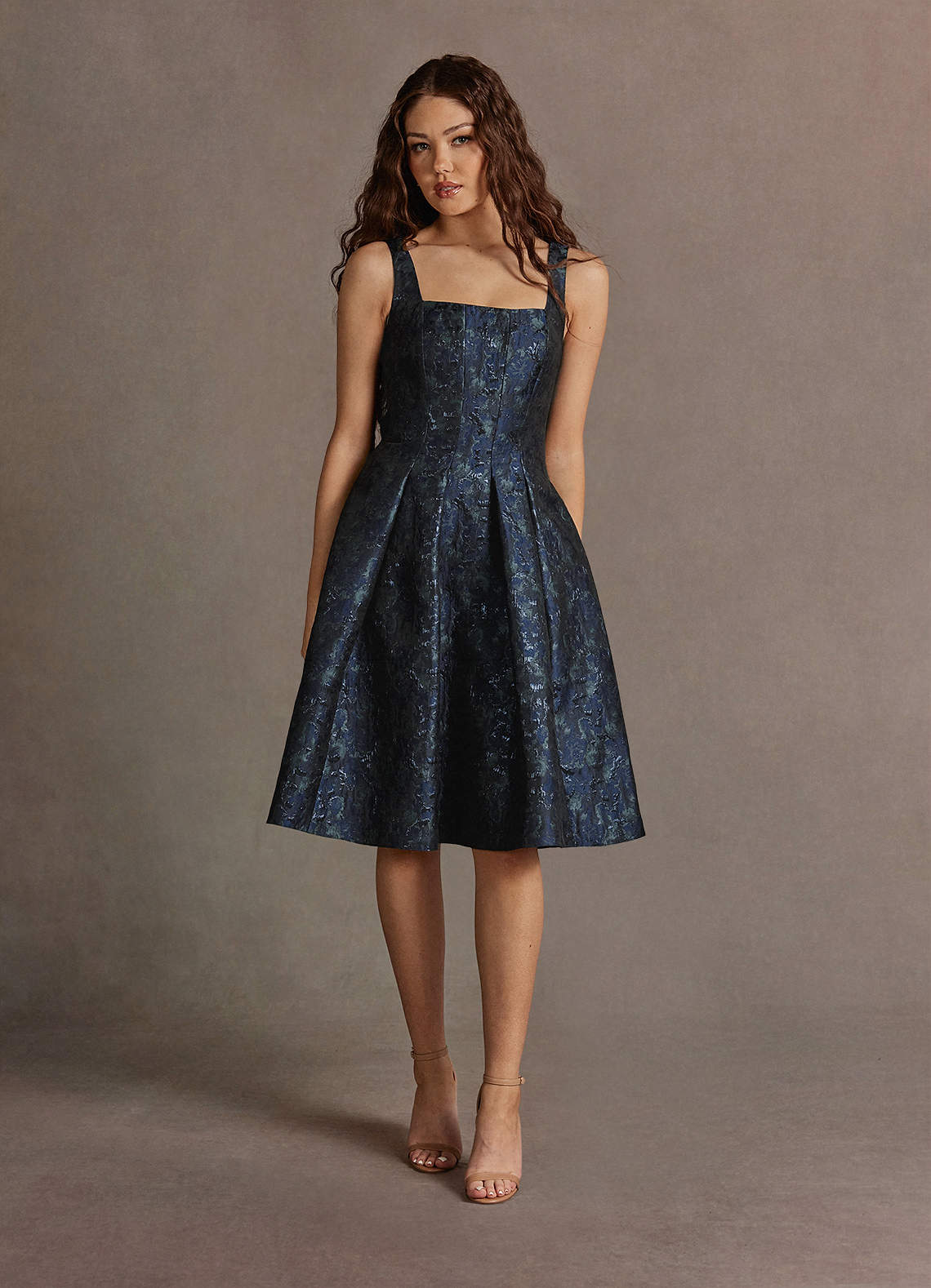 Jackey Navy Jacquard Pleated Midi Dress  Dress - WSBYTLP