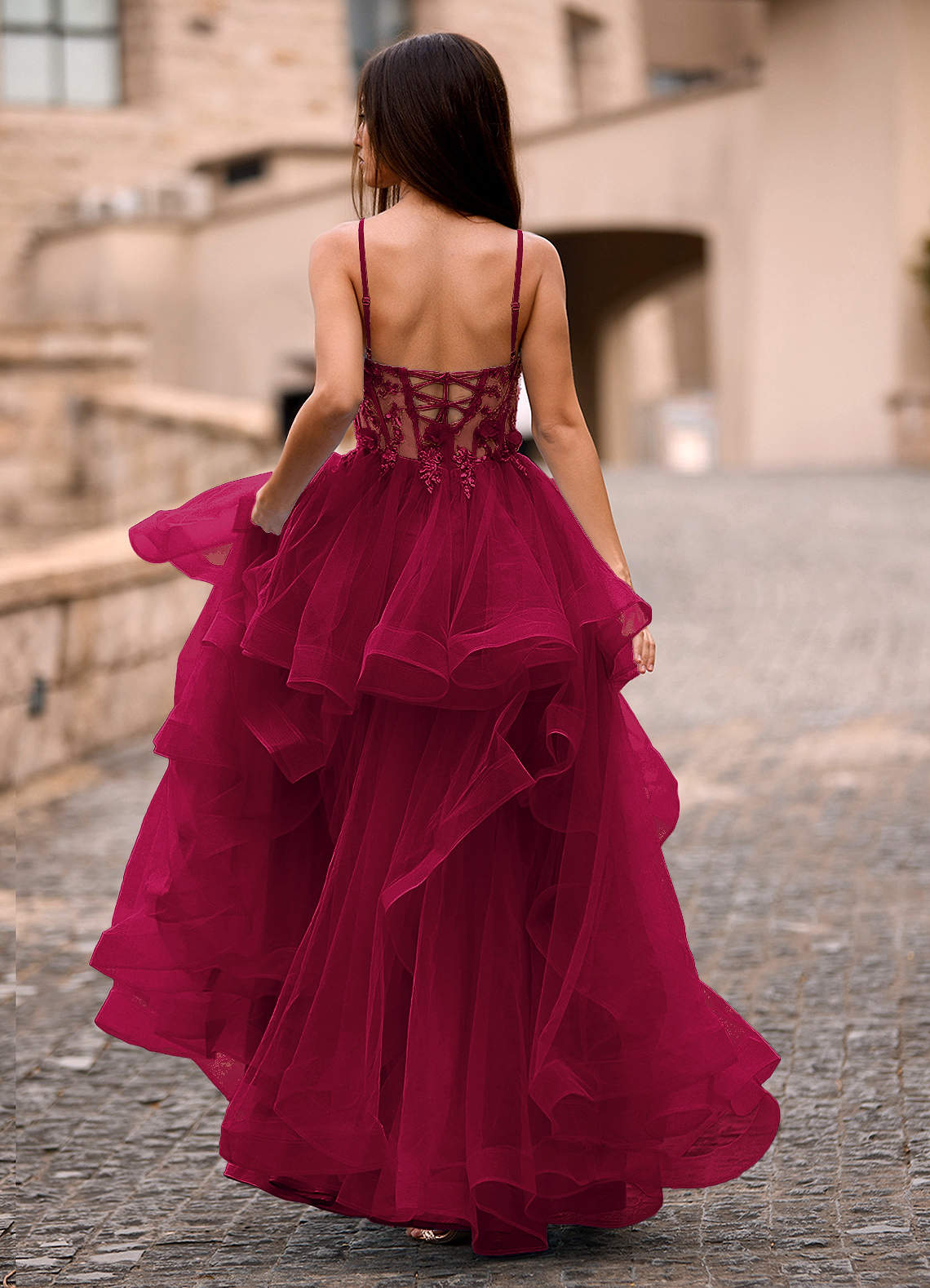 Dreama Burgundy Lace Corset Ruffle Prom Dress  Dress - WSBYTLP