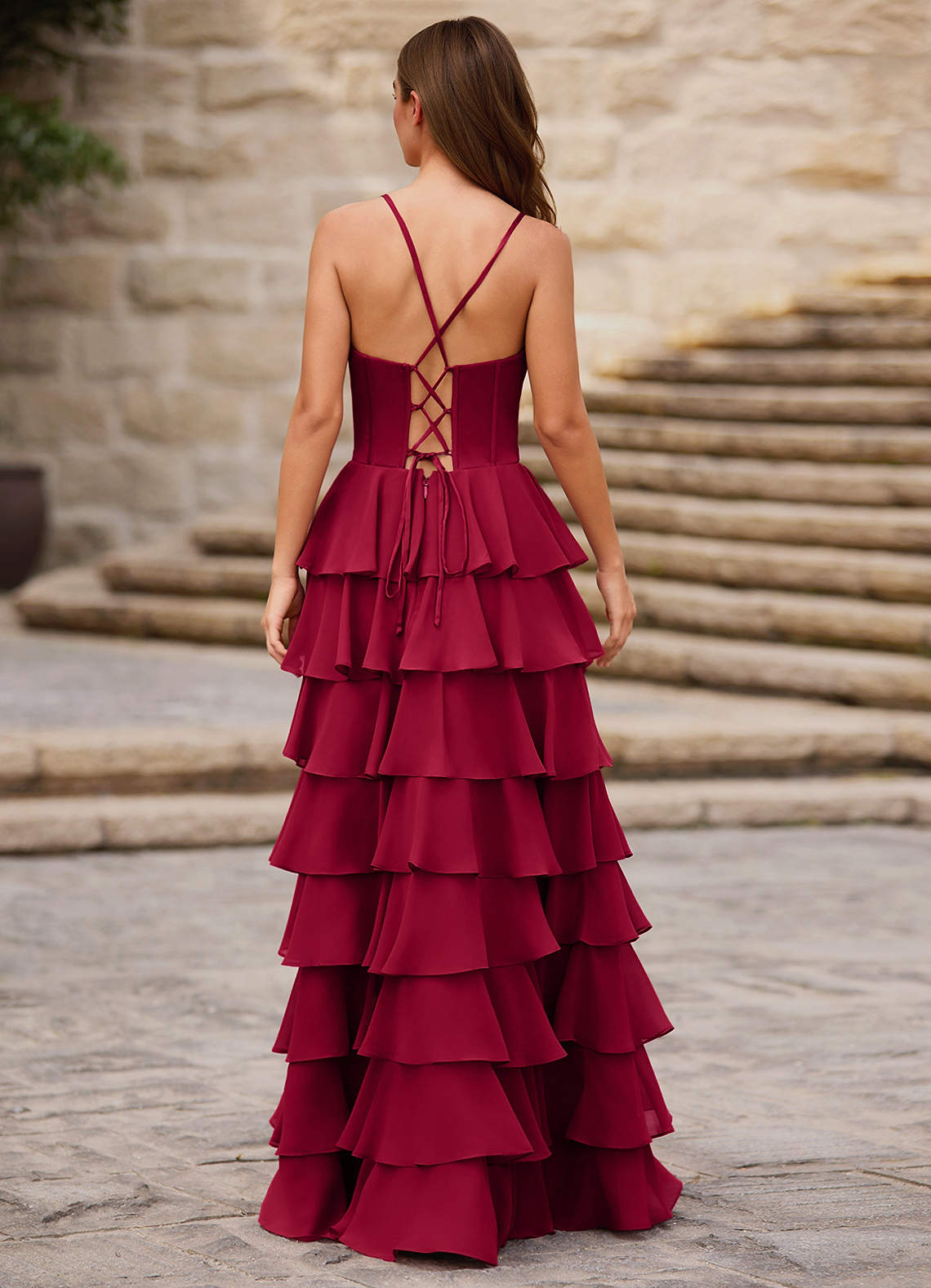 Rhythm Dark Red Ruffled A-Line Prom Dress  Dress - WSBYTLP