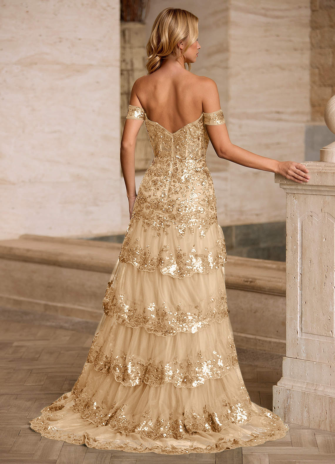 Jenna Champagne Ruffled Glitter Mermaid Prom Dress  Dress - WSBYTLP