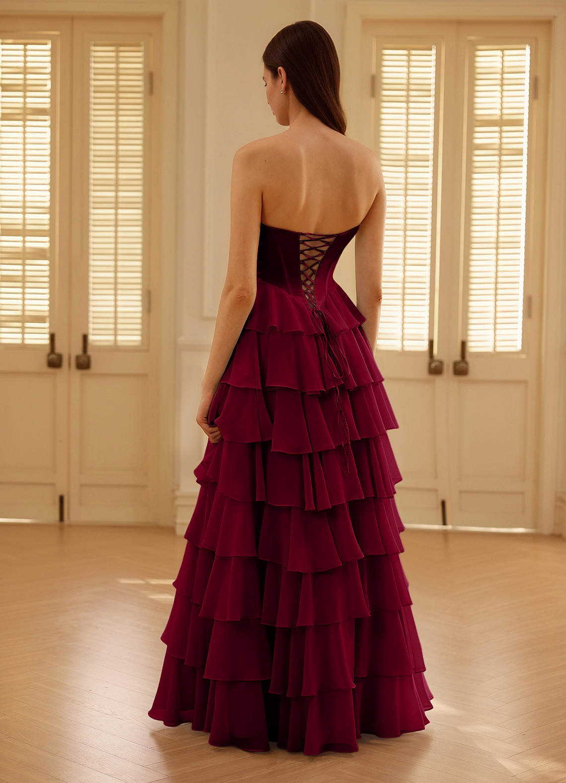 Satina Merlot Ruffled A-Line Prom Dress  Dress - WSBYTLP
