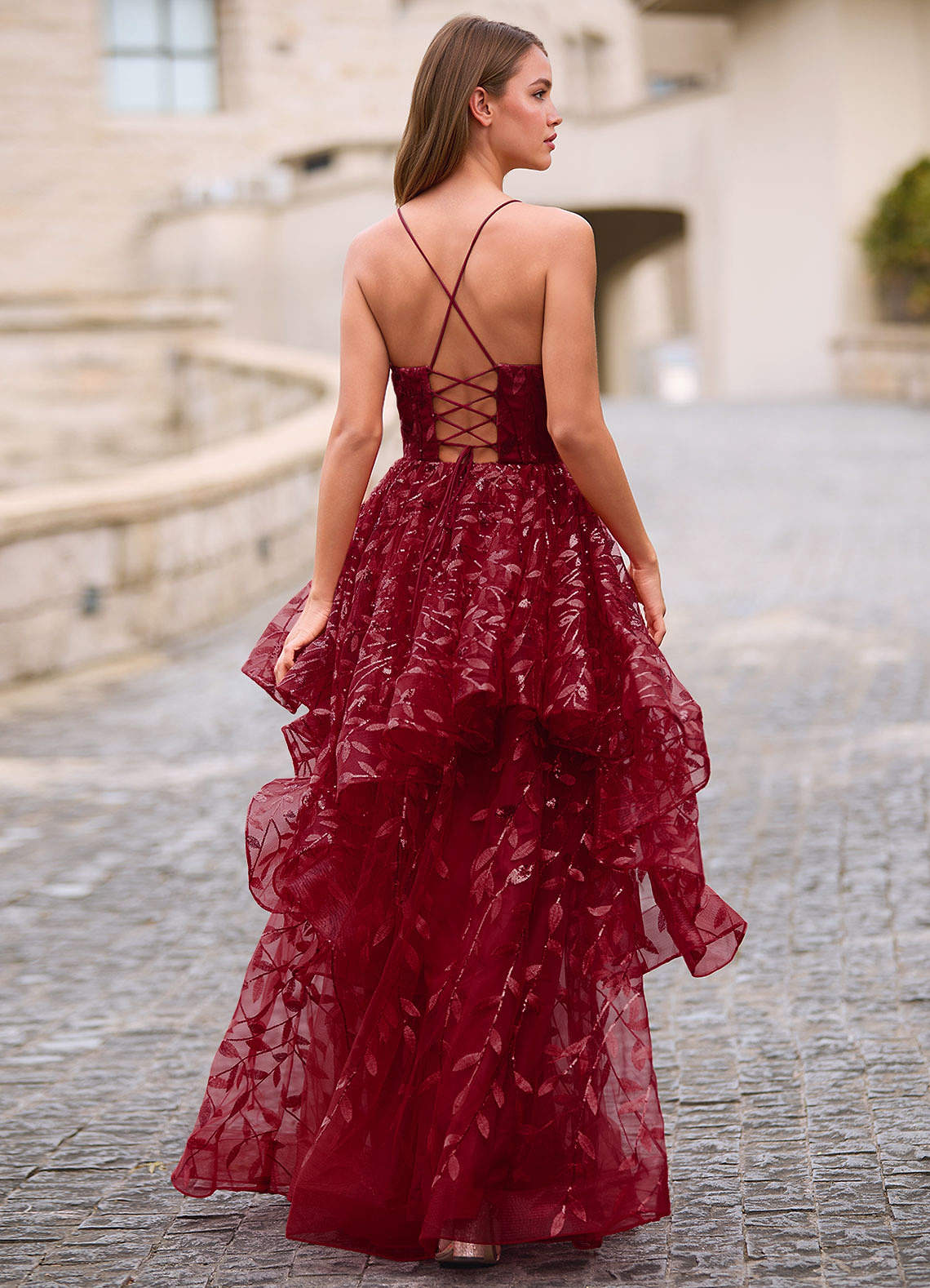 Valentina Burgundy Embroidered Jacquard Sheer Prom Dress  Dress - WSBYTLP