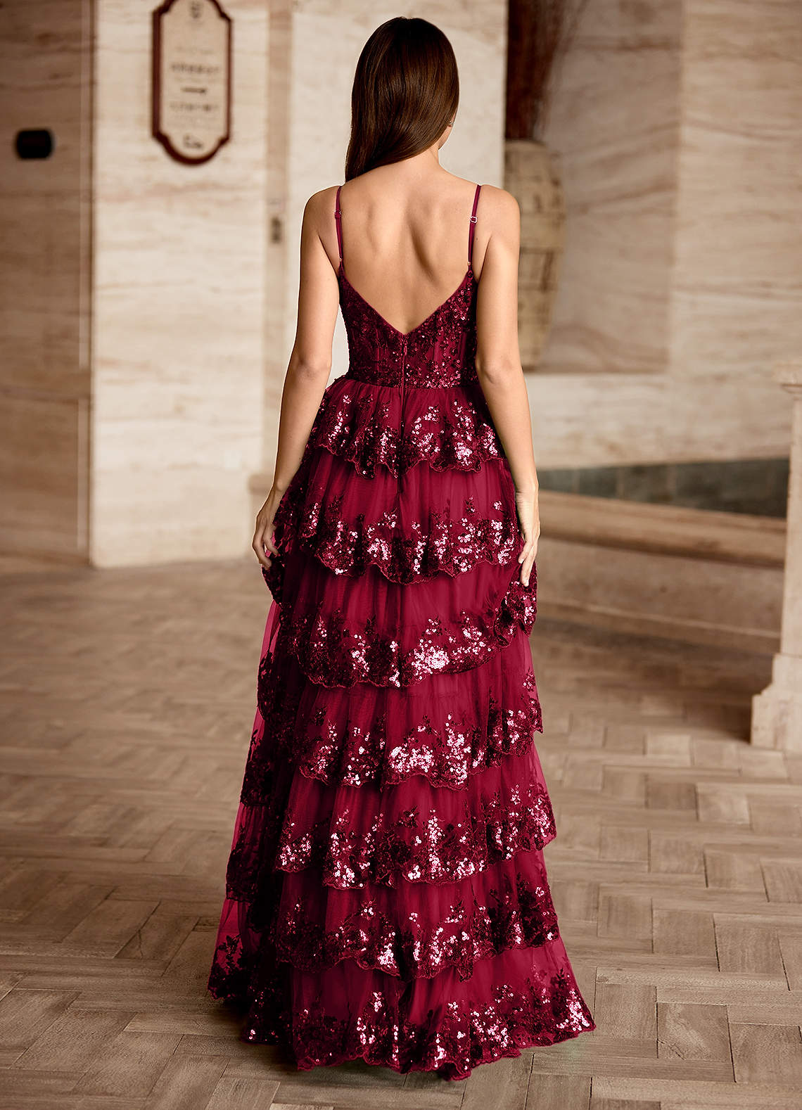 Tindra Burgundy Sequins Ruffles Prom Dress  Dress - WSBYTLP