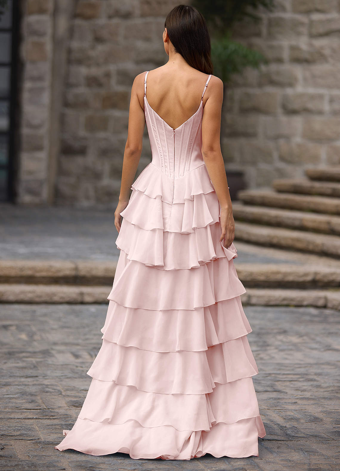 Floralace Powder Pink Ruffled A-Line Prom Dress  Dress - WSBYTLP