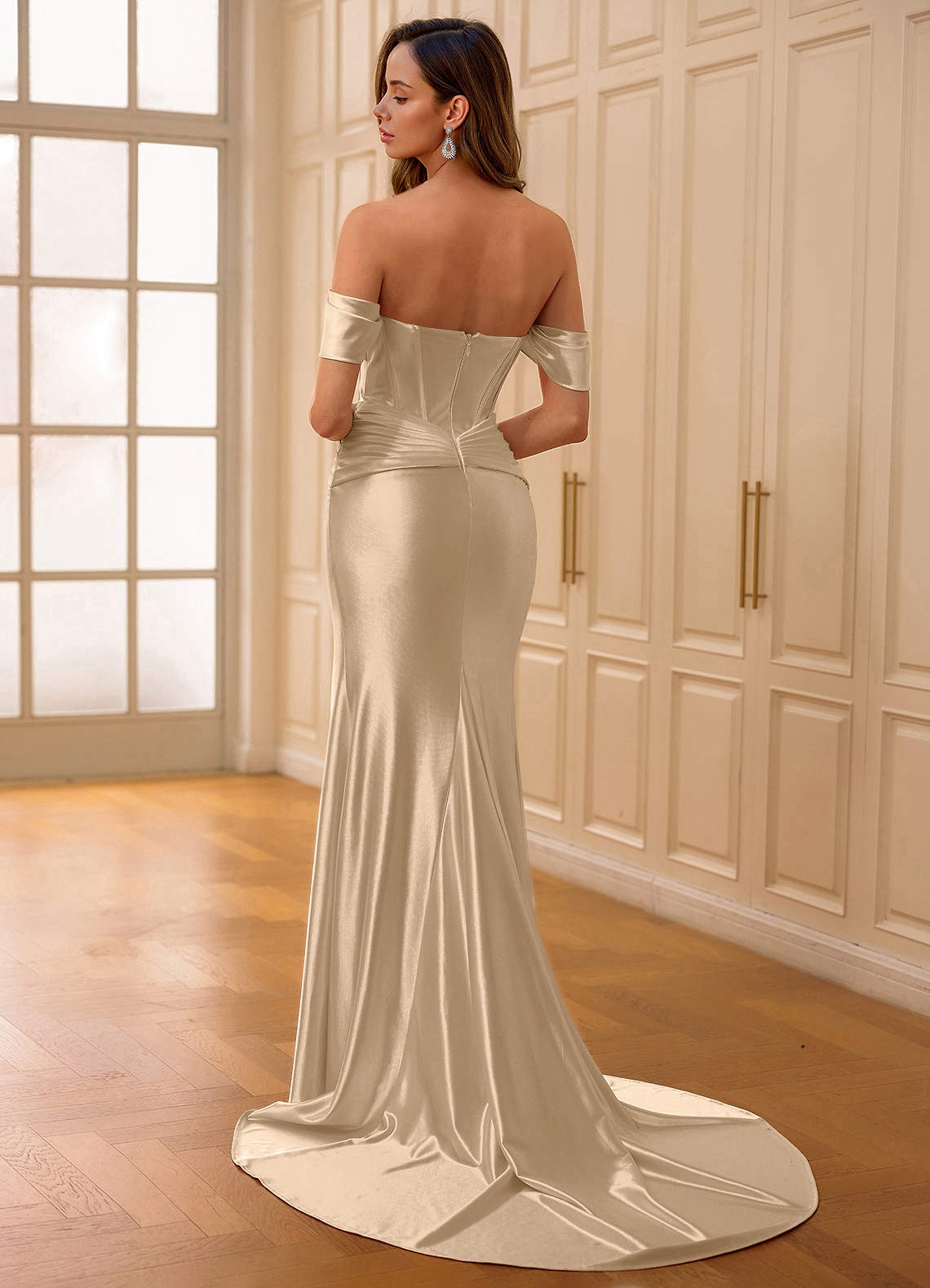 Silora Champagne Short Sleeve Mermaid Prom Dress  Dress - WSBYTLP