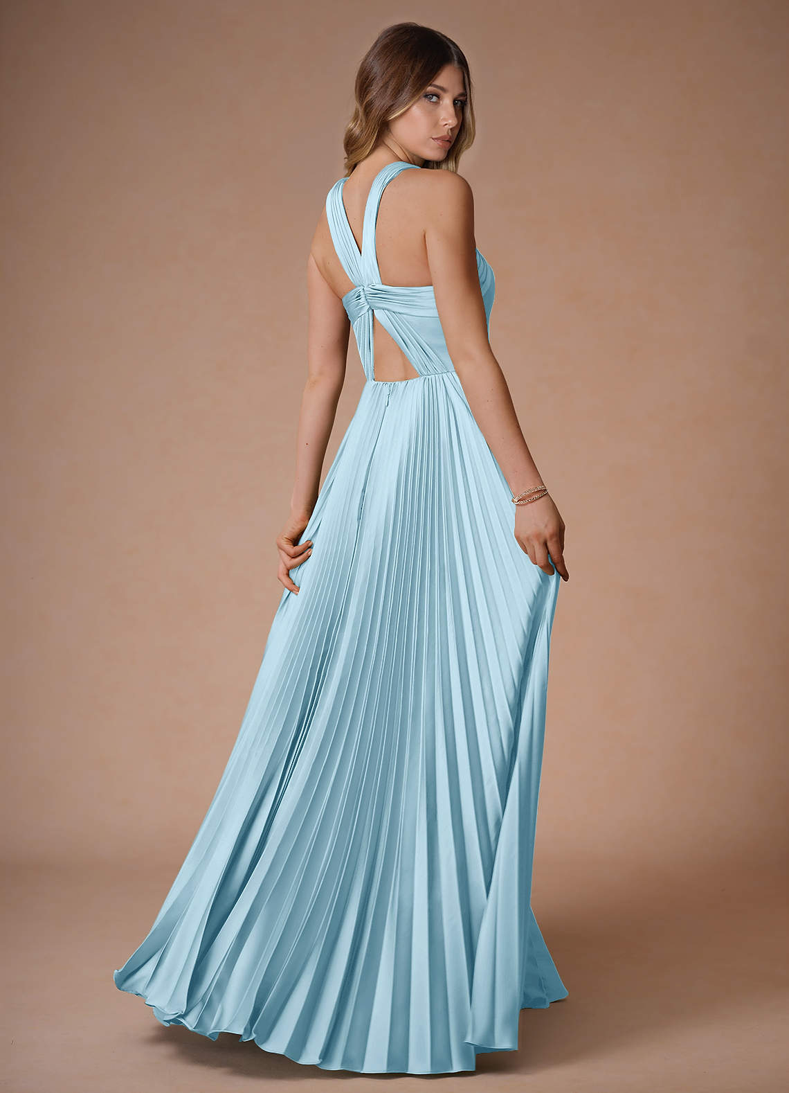 Afra Sky Blue A-Line Pleated Stretch Satin Dress  Dress - WSBYTLP