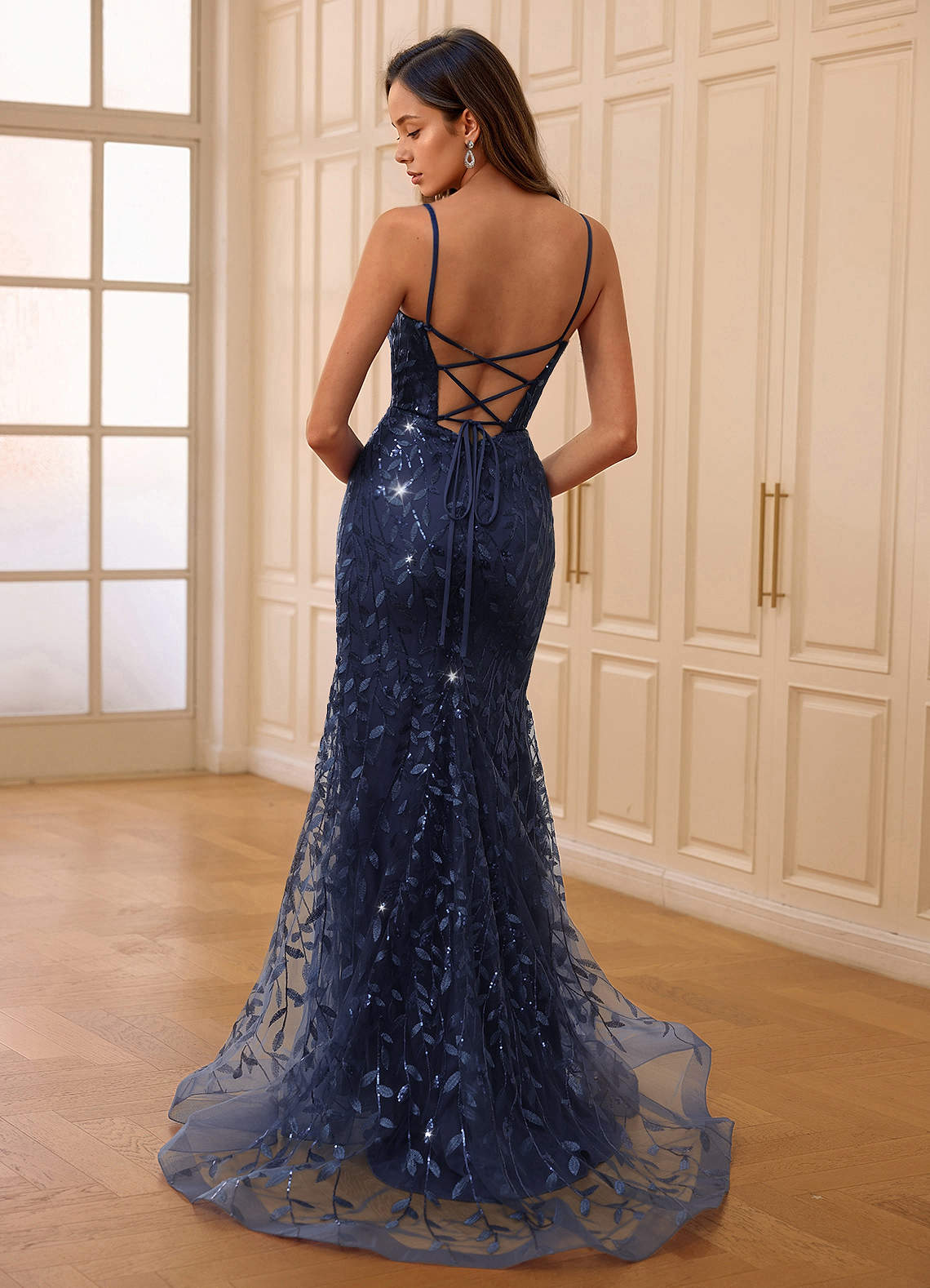 Glazia Navy Floral Sequined Embroidery Mermaid Prom Dress  Dress - WSBYTLP