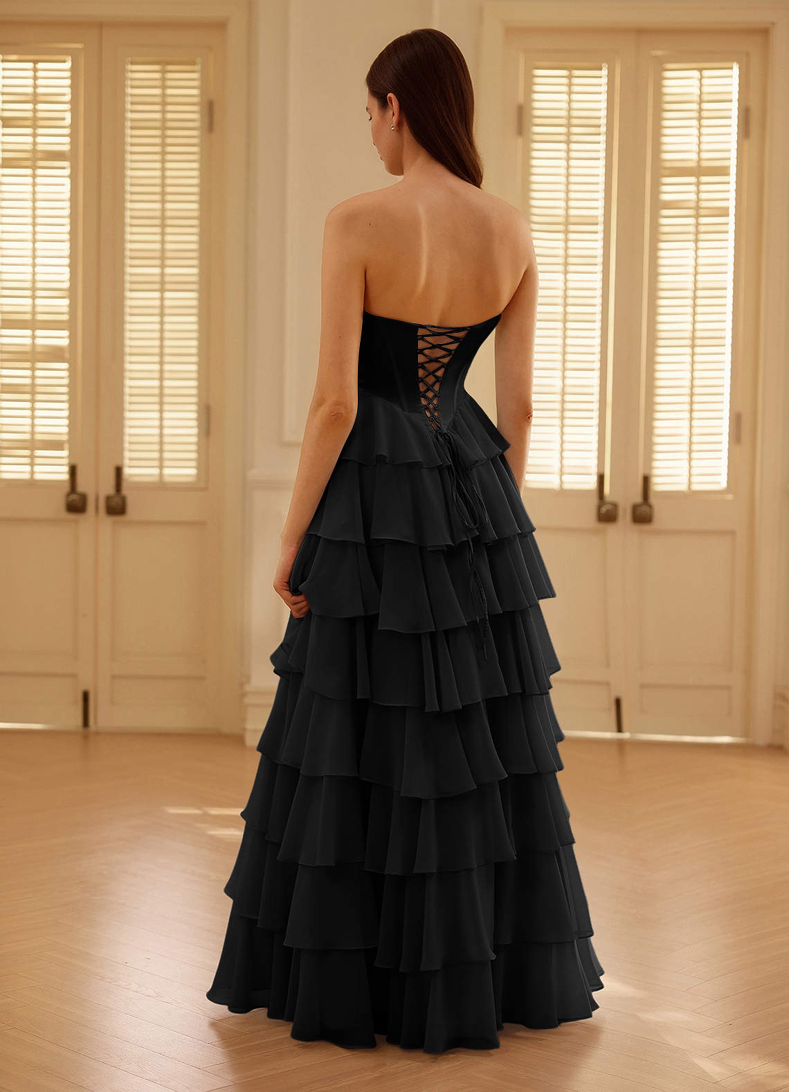 Satina Black Ruffled A-Line Prom Dress  Dress - WSBYTLP