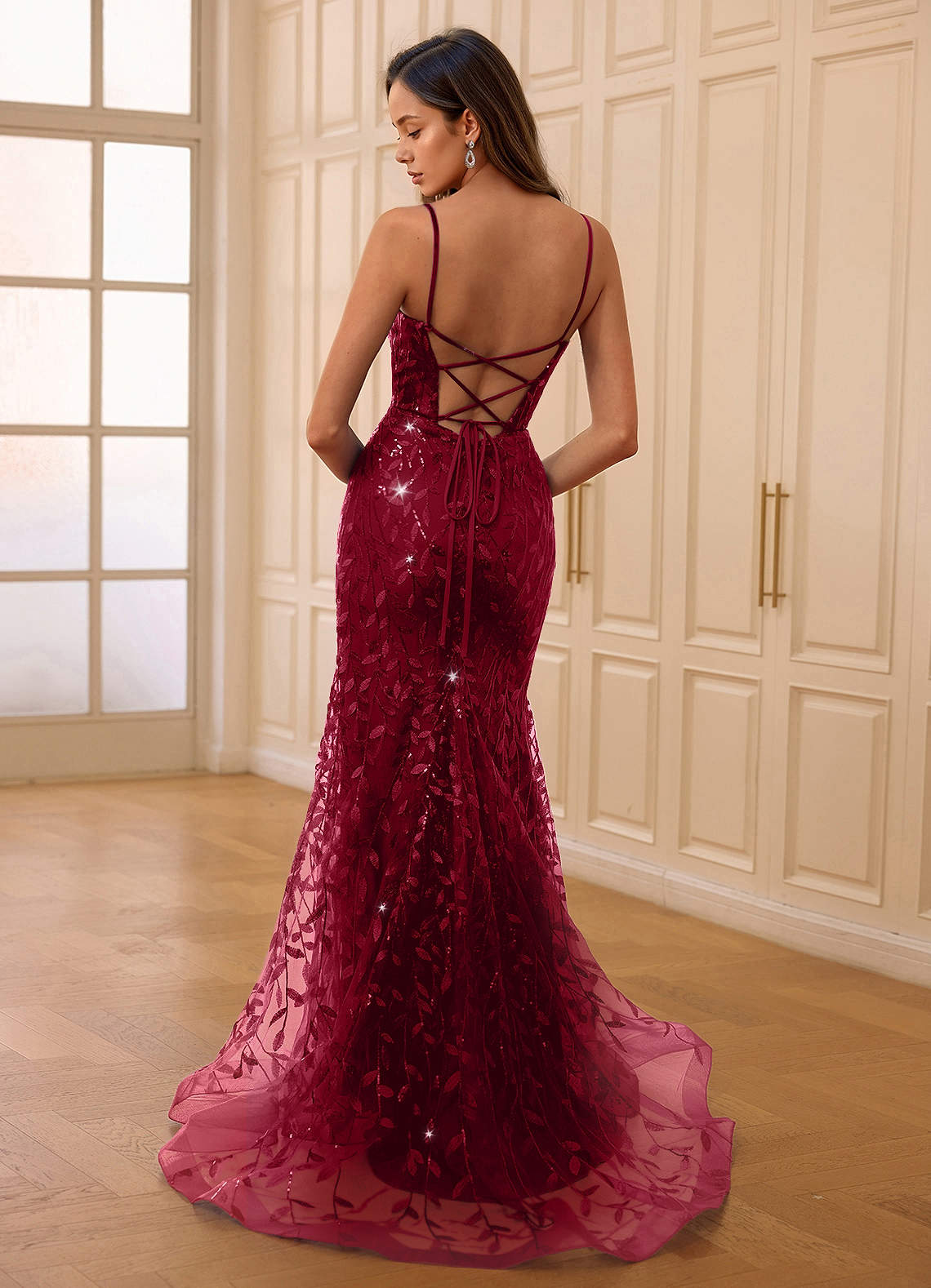 Glazia Burgundy Floral Sequined Embroidery Mermaid Prom Dress  Dress - WSBYTLP