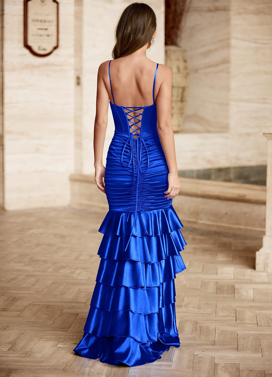 Serena Royal Blue Cowl Neck Ruffles Prom Dress  Dress - WSBYTLP