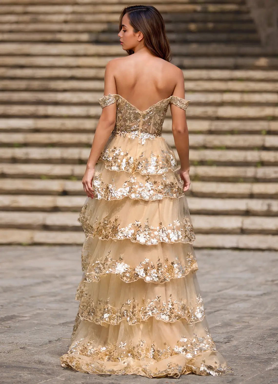 Glitz Champagne Ruffled A-Line Prom Dress  Dress - WSBYTLP