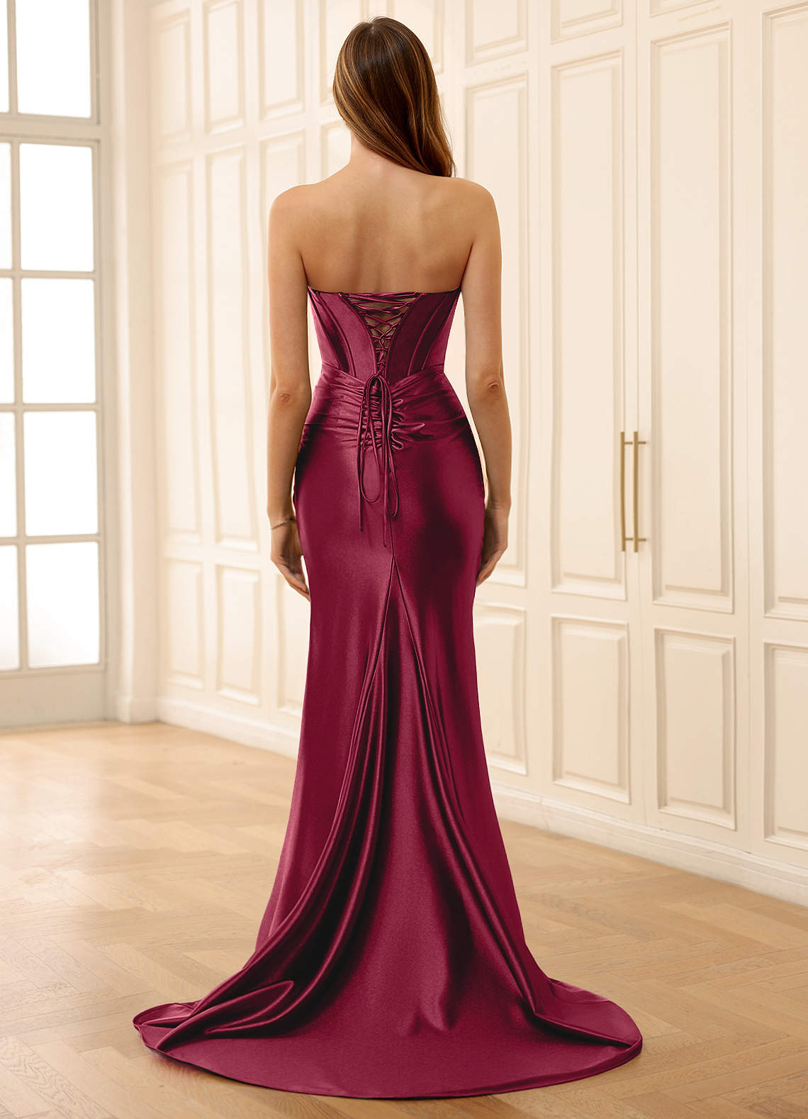 Isadora Burgundy Cutout Corset Satin Prom Dress  Dress - WSBYTLP