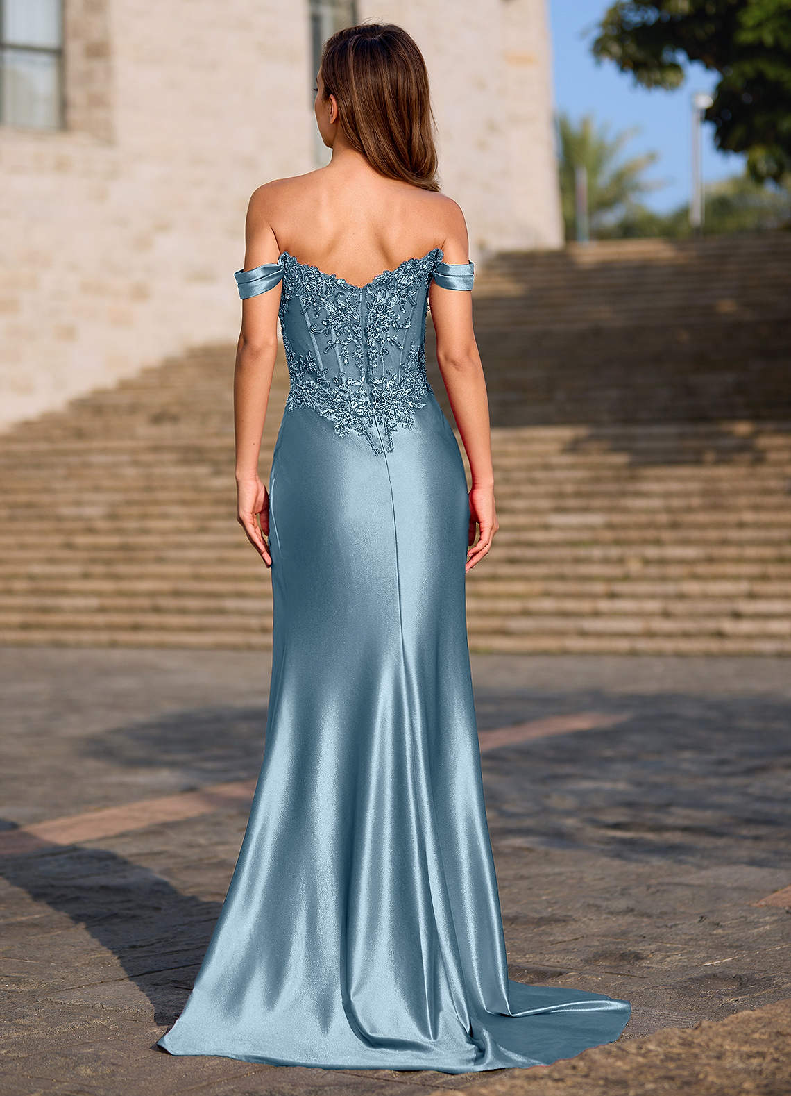 Opulence Dusty Blue Floral Corset Prom Dress  Dress - WSBYTLP