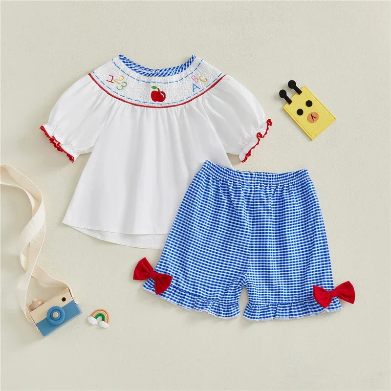 Baby Girl Summer Outfit Set – Apple Embroidery Top & Plaid Shorts - SCFUDI