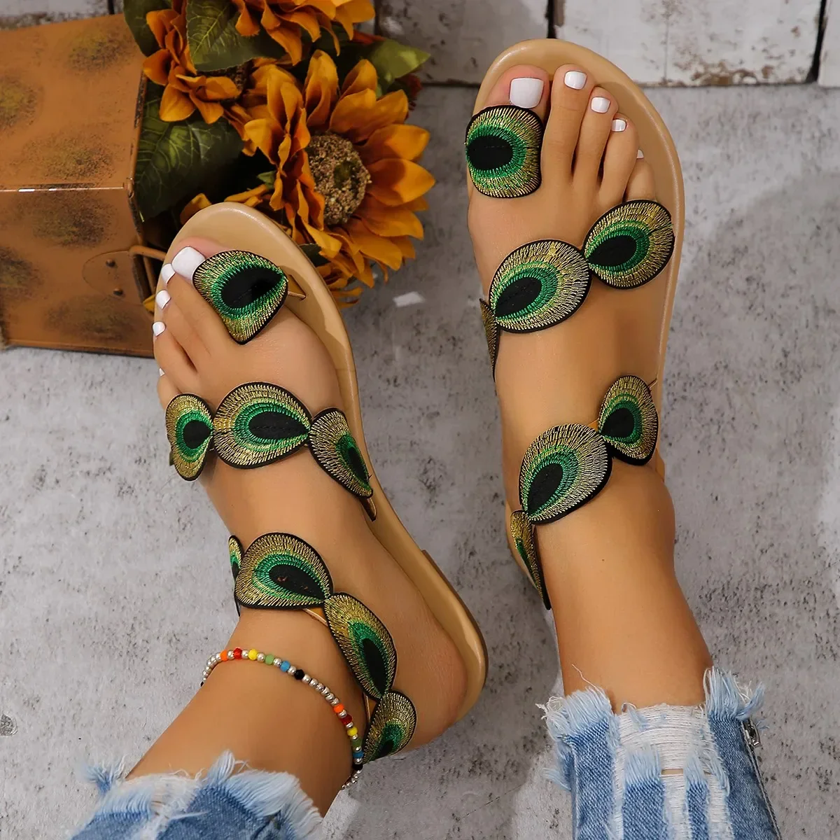 Peacock Feather Flat Sandals - SCFUDI