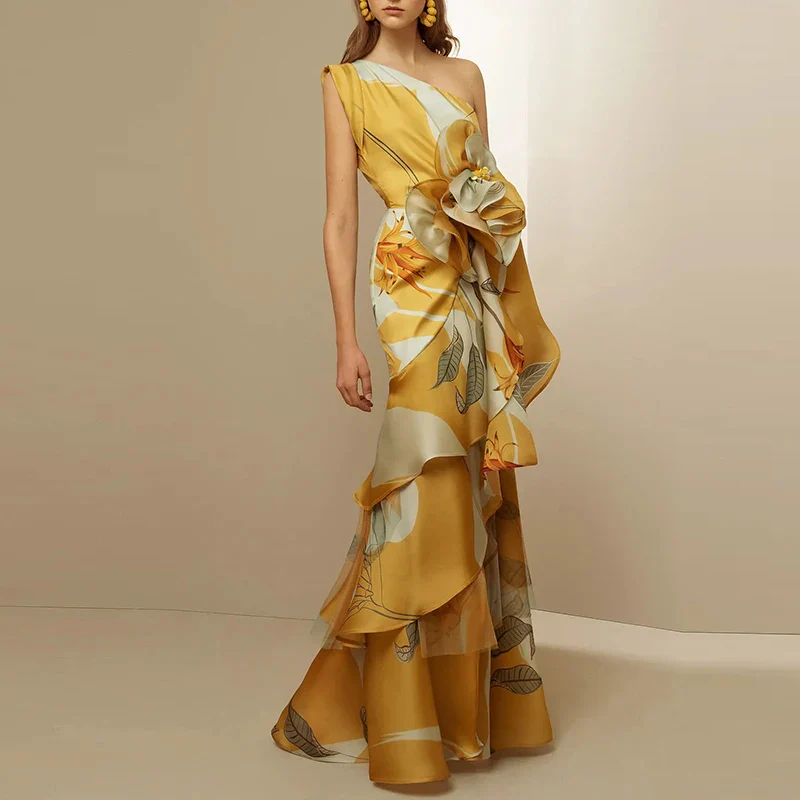 Diagonal Collar Long Dress - SCFUDI