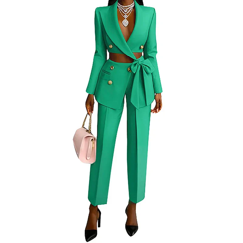 Elegant Lapel Bow Blazer Pant Set - SCFUDI