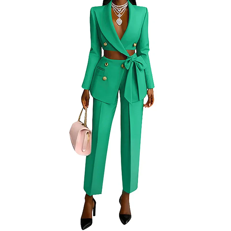 Elegant Lapel Bow Blazer Pant Set - SCFUDI