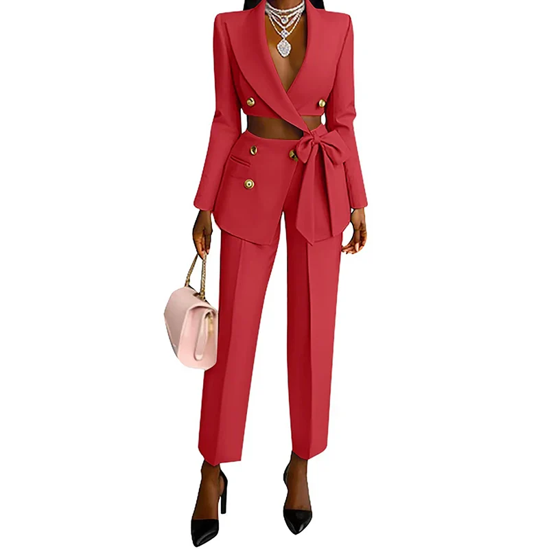 Elegant Lapel Bow Blazer Pant Set - SCFUDI