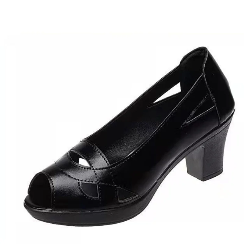Women’s Black Leather Peep Toe Heels - SCFUDI