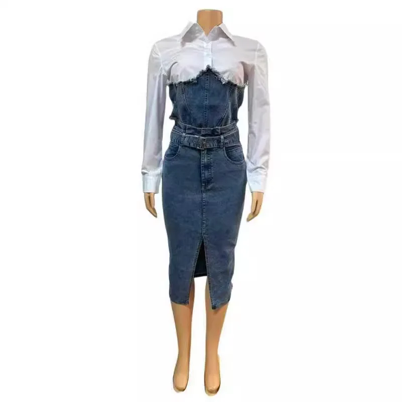 Women Patchwork Denim Outfit - SCFUDI