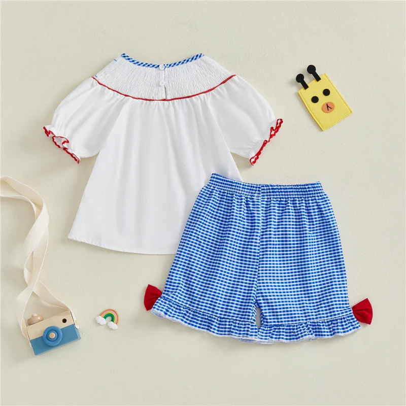 Baby Girl Summer Outfit Set – Apple Embroidery Top & Plaid Shorts - SCFUDI