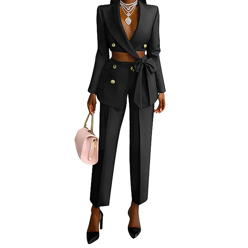 Elegant Lapel Bow Blazer Pant Set - SCFUDI
