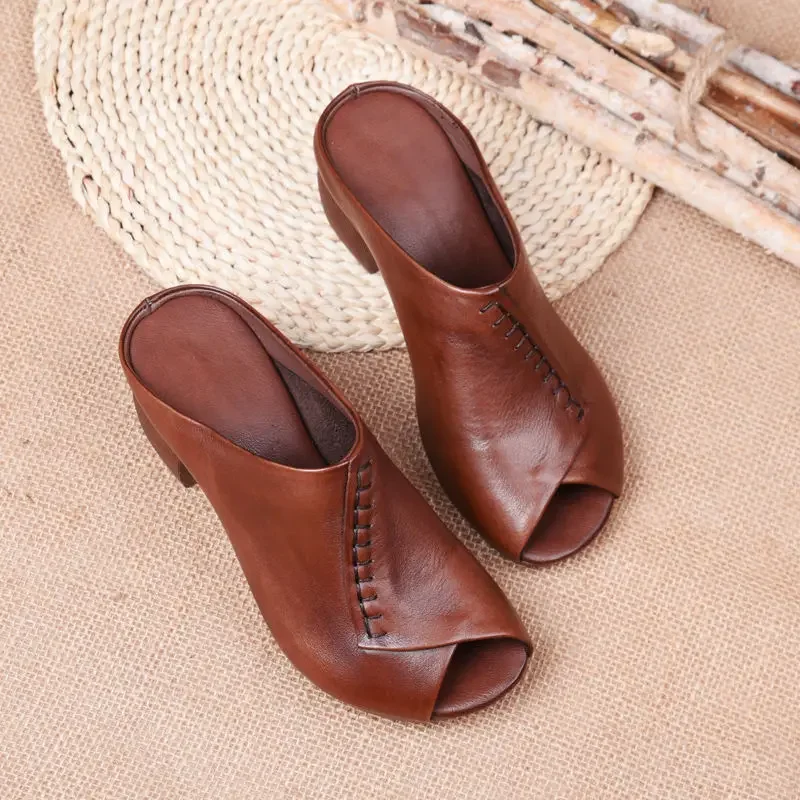 Thick-Heeled Leather Sandals - SCFUDI