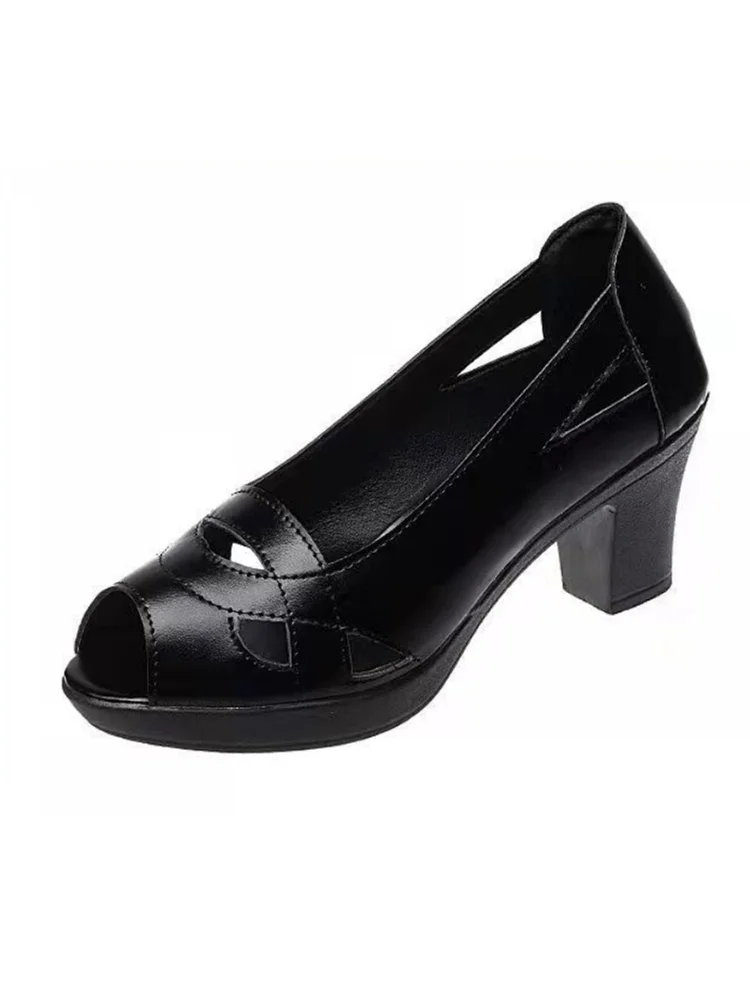 Women’s Black Leather Peep Toe Heels - SCFUDI