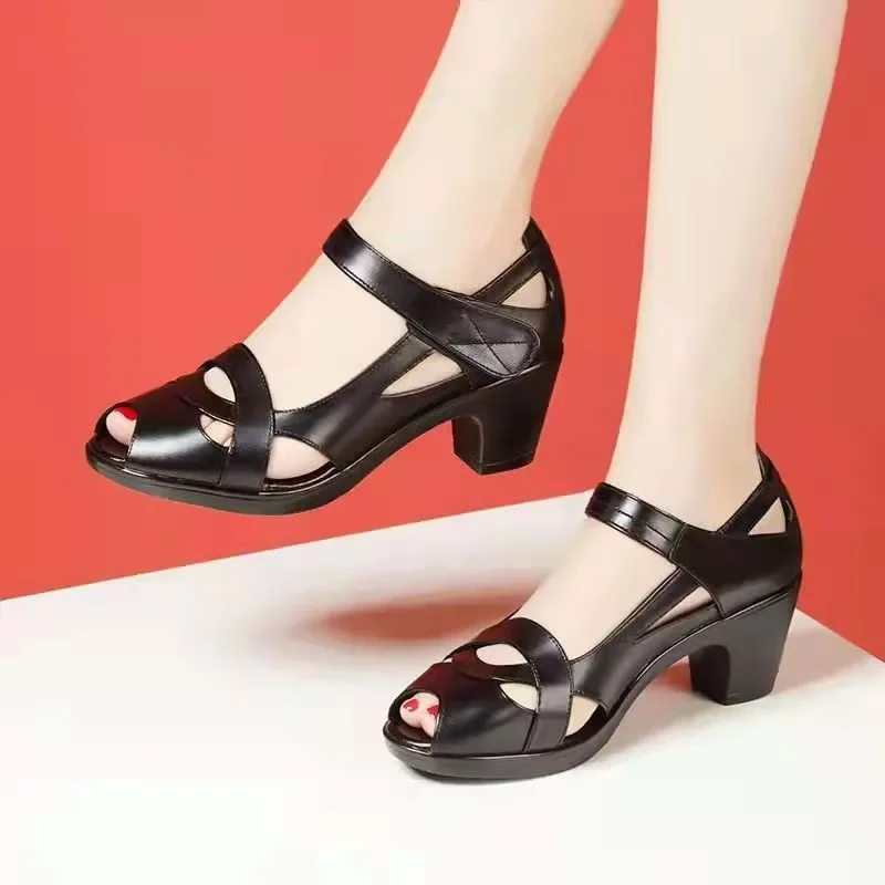 Women’s Black Leather Peep Toe Heels - SCFUDI