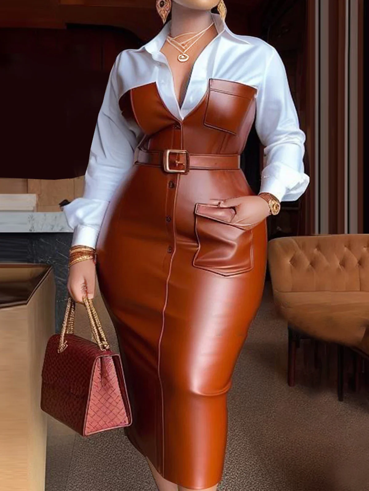 Women's PU Leather Belted Dress - SCFUDI