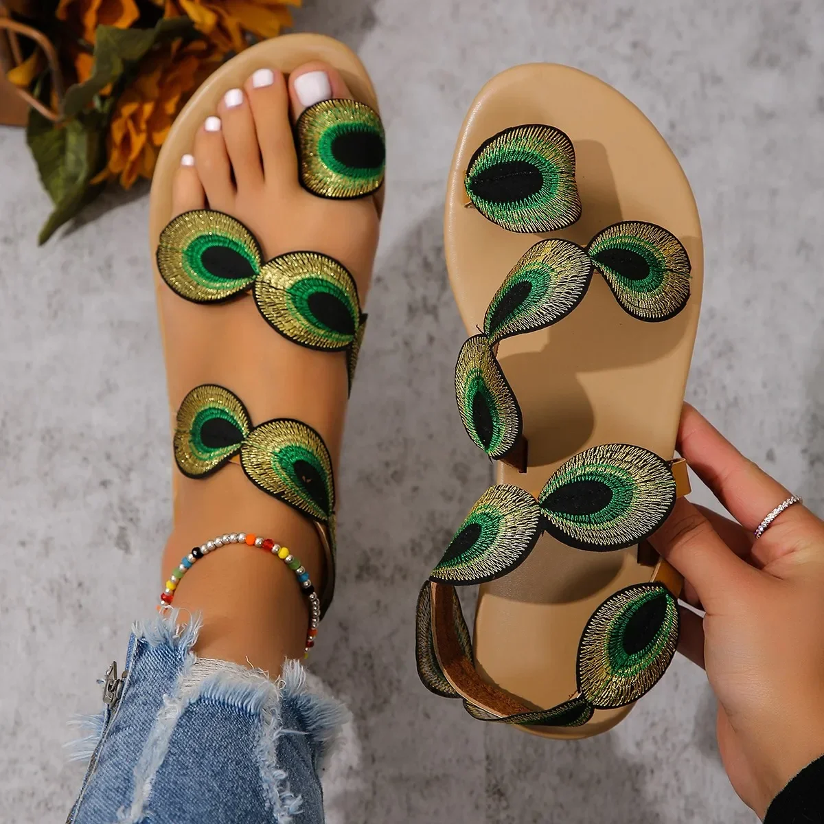 Peacock Feather Flat Sandals - SCFUDI