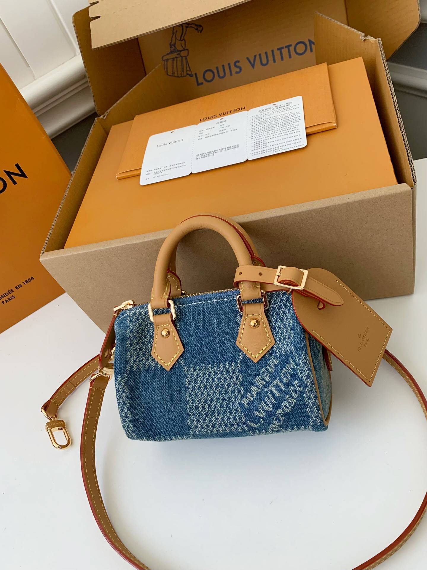 L*V The new SPEEDY 18bandouli ère tannin denim handbag N40682 Size:18*12*10cm
