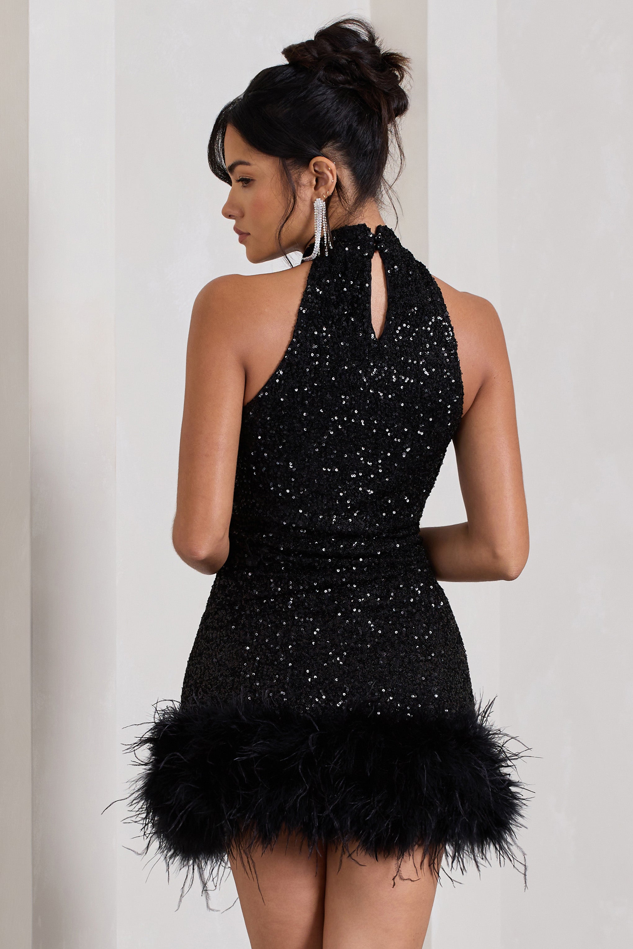 Tillie Black Sequin High Neck Trapeze Mini Dress With Feather Hem Detail