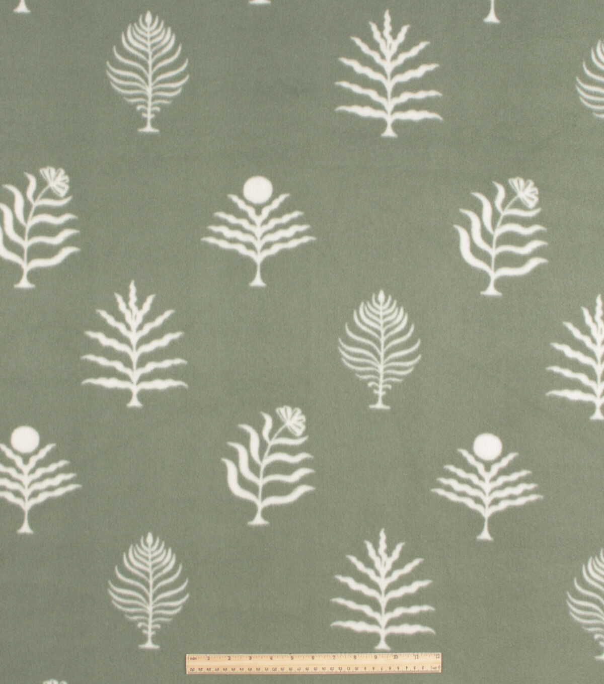 Cream Foliage On Green Blizzard Prints Fleece Fabric