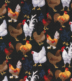 Fabric Traditions Farm Chickens On Black Novelty Cotton Fabric