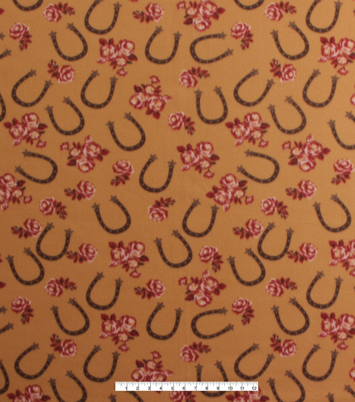 Horseshoes & Roses on Brown Blizzard Fleece Fabric