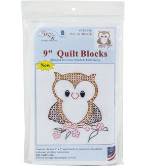 Jack Dempsey Needle Art 9 Owl on Branch Stamped White Quilt Blocks 12pk