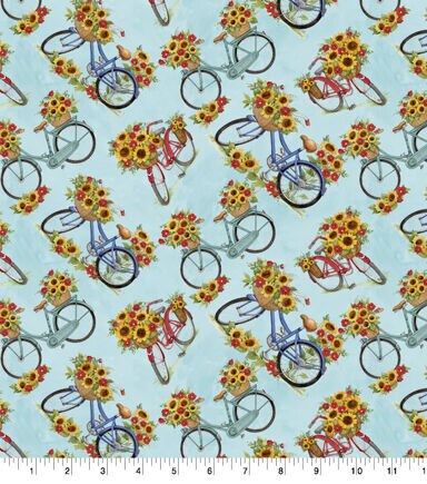 Susan Winget Red Truck Florals Tossed Bicycles Premium Cotton Fabric
