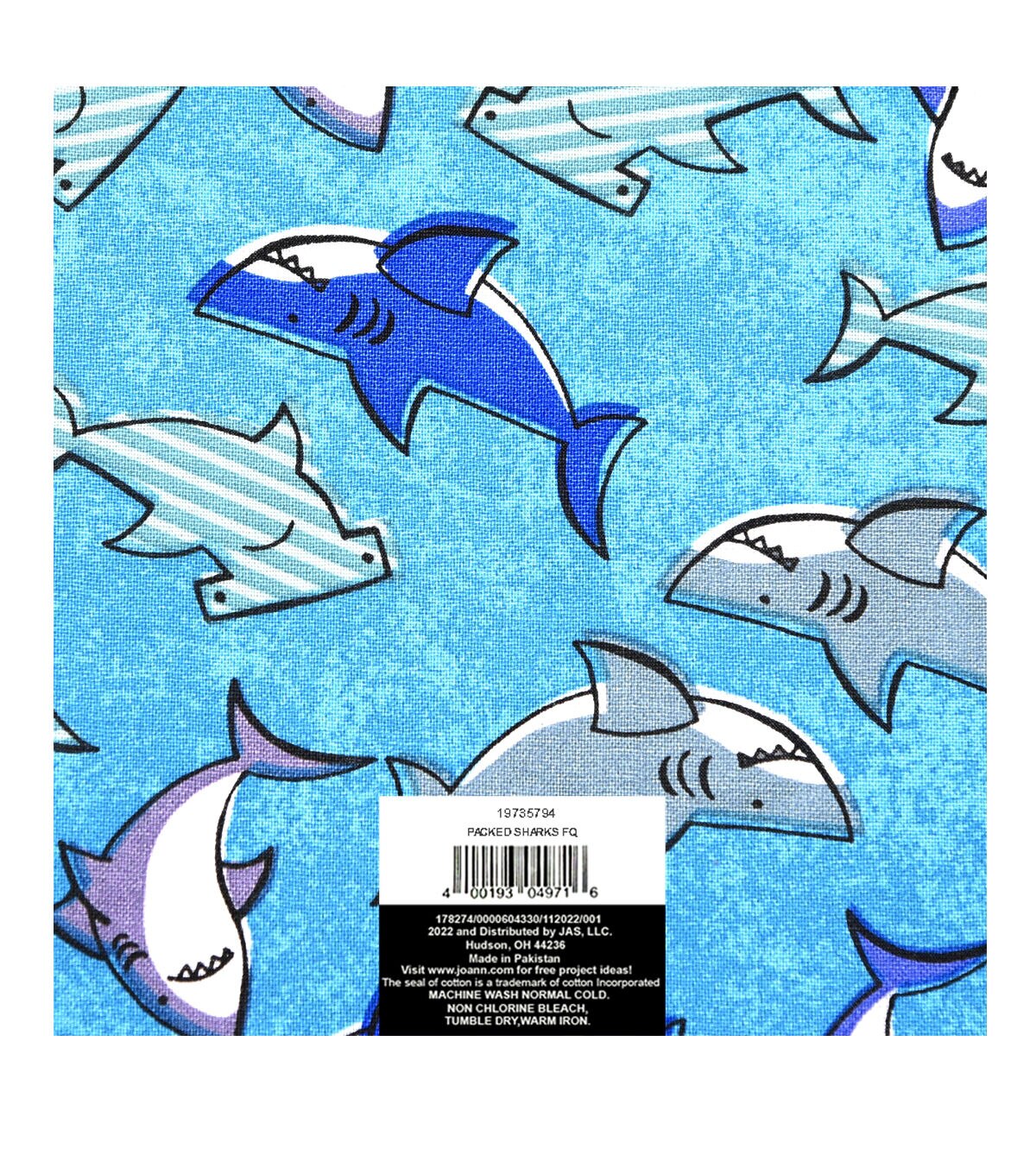 18 x 21 Sharks on Blue Novelty Cotton Fabric Quarter 1pc