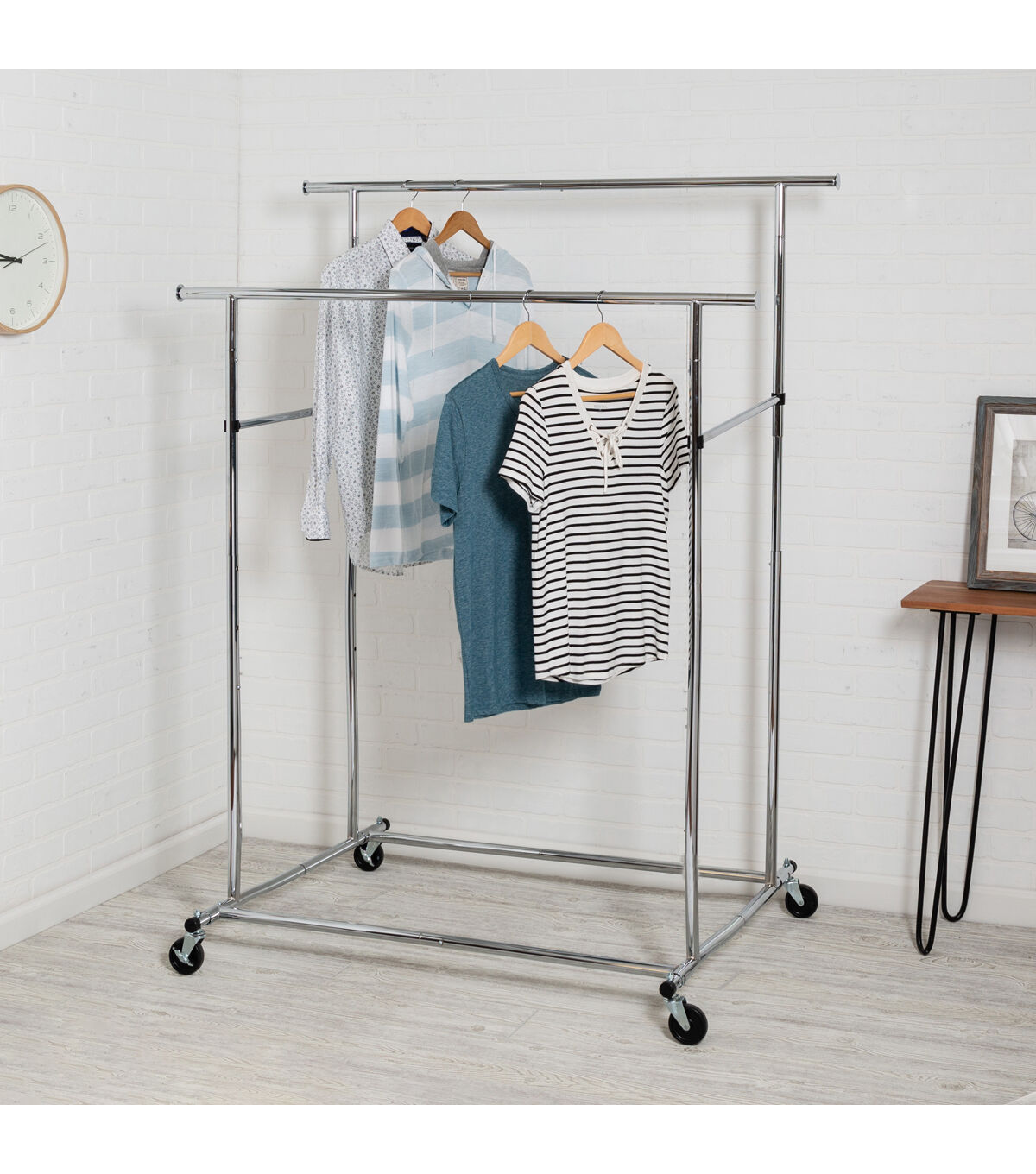 Honey Can Do 75 Chrome Dual Bar Adjustable Rolling Clothes Rack