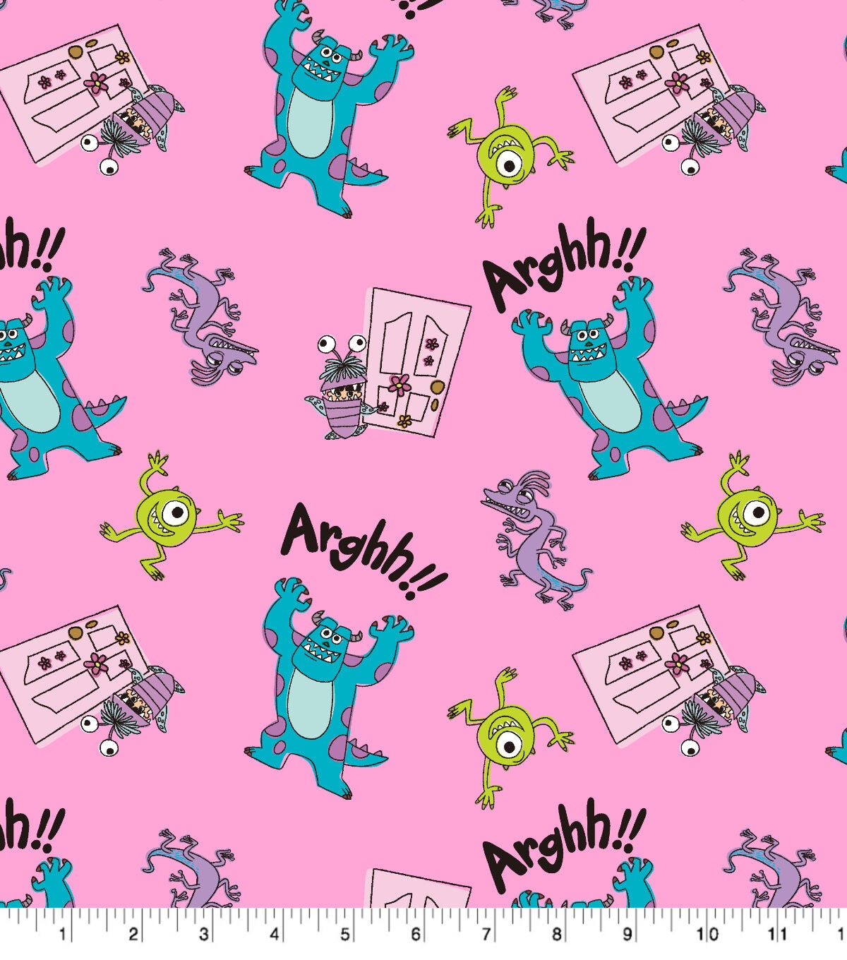 Monsters Inc Door Toss on Pink Cotton Fabric