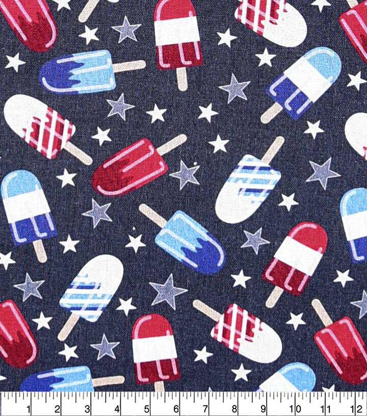 Patriotic Red White Blue Popsicles Cotton Fabric
