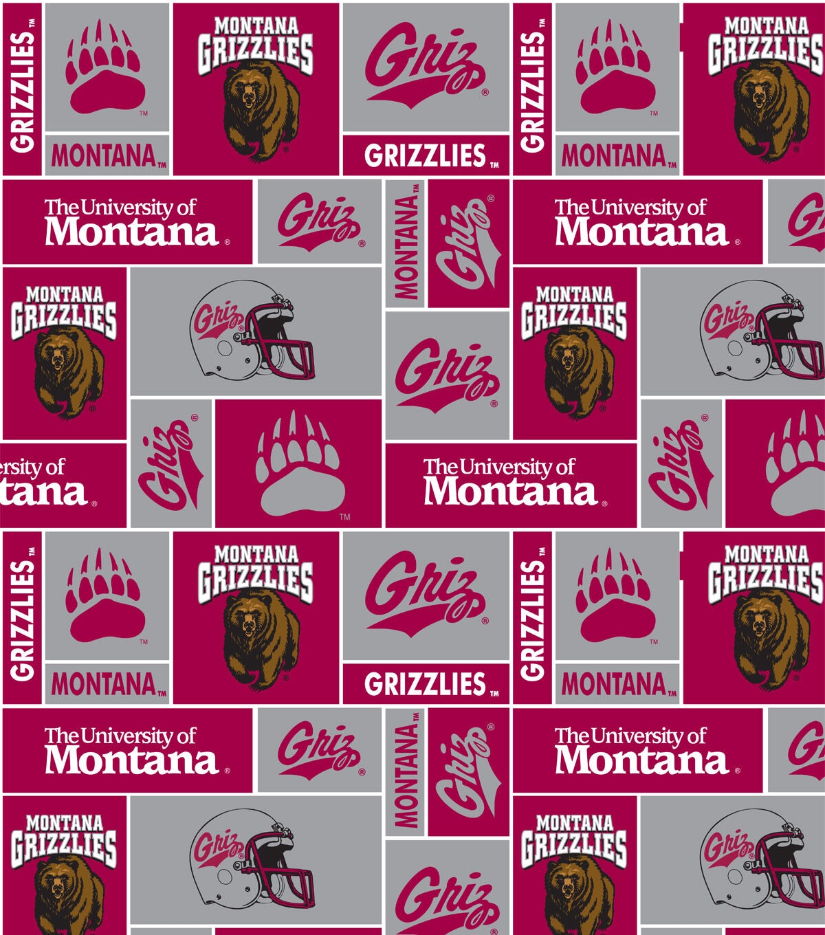 University of Montana Grizzlies Fleece Fabric Red & Gray Block