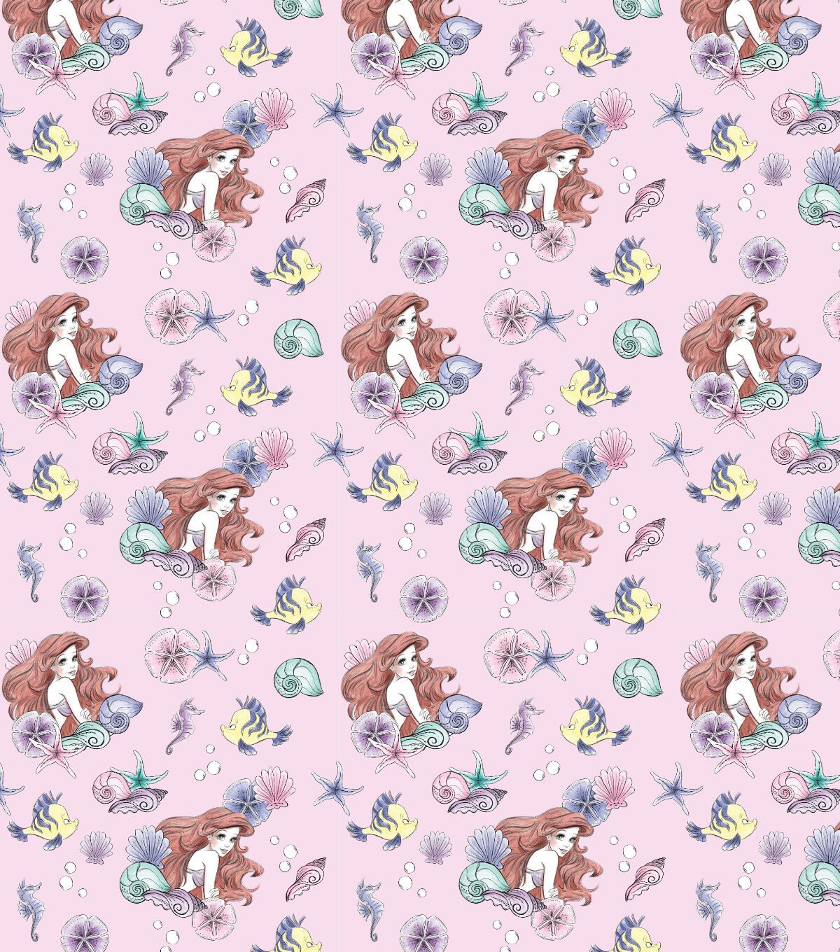 Disney The Little Mermaid Ariel & Friends Pearl on Pink Cotton Fabric