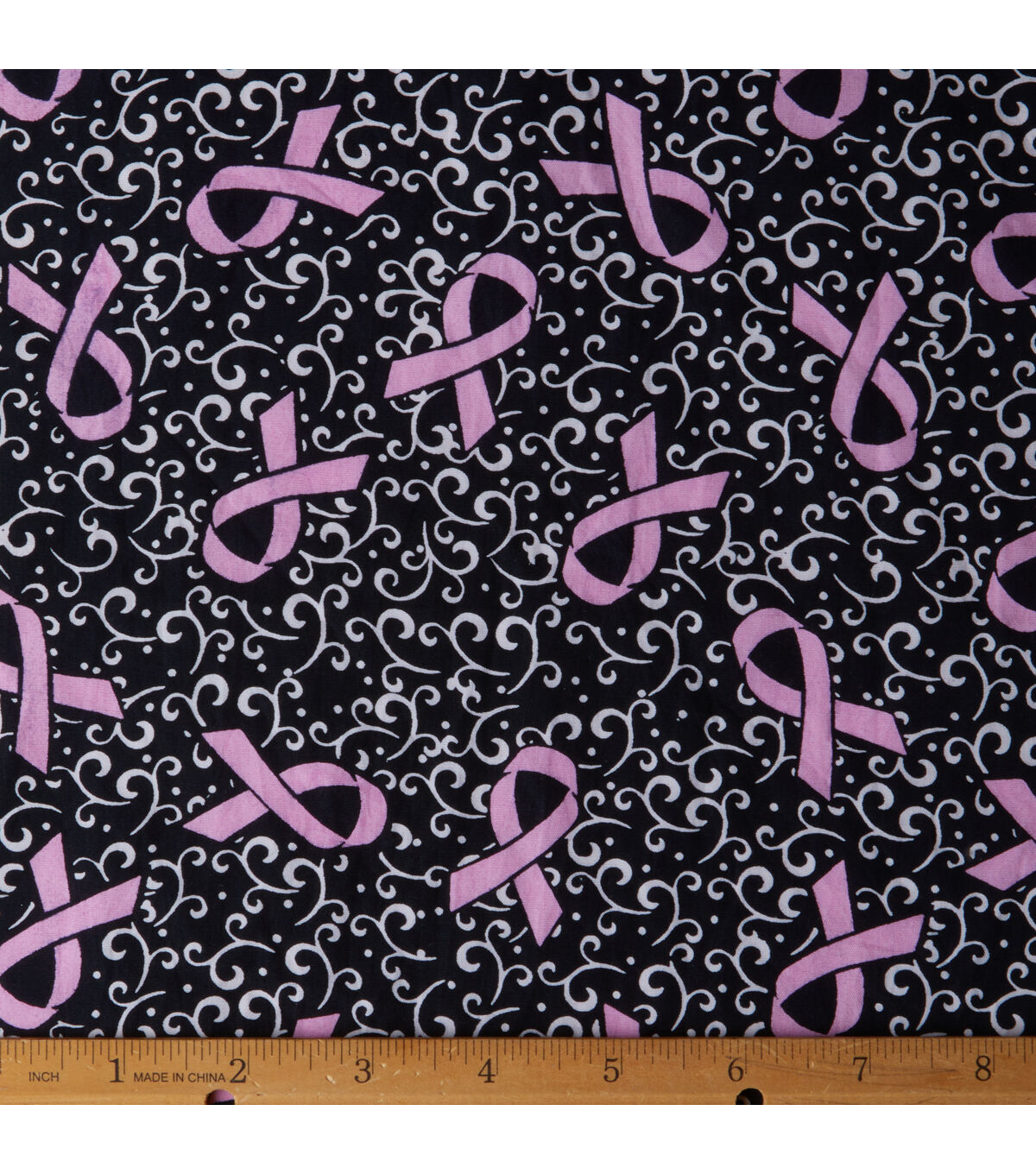 Breast Cancer Ribbons & Swirls Black Batik Cotton Fabric