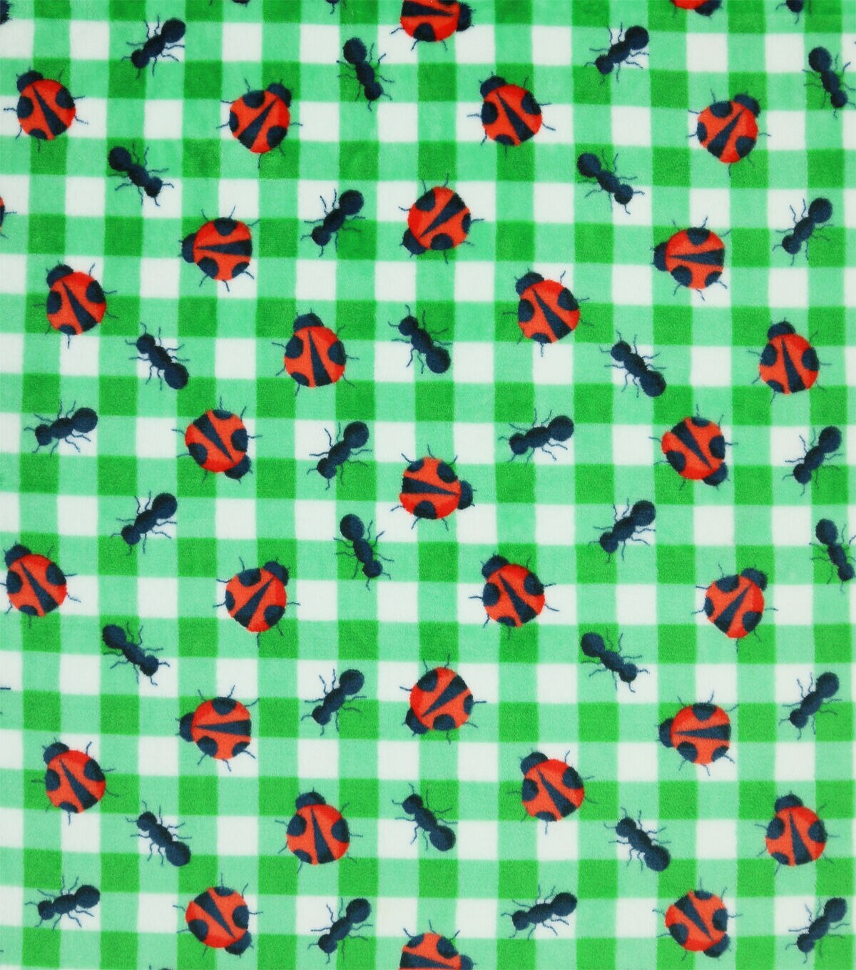 Spring Bugs On Green & White Gingham Sew Lush Fleece Fabric