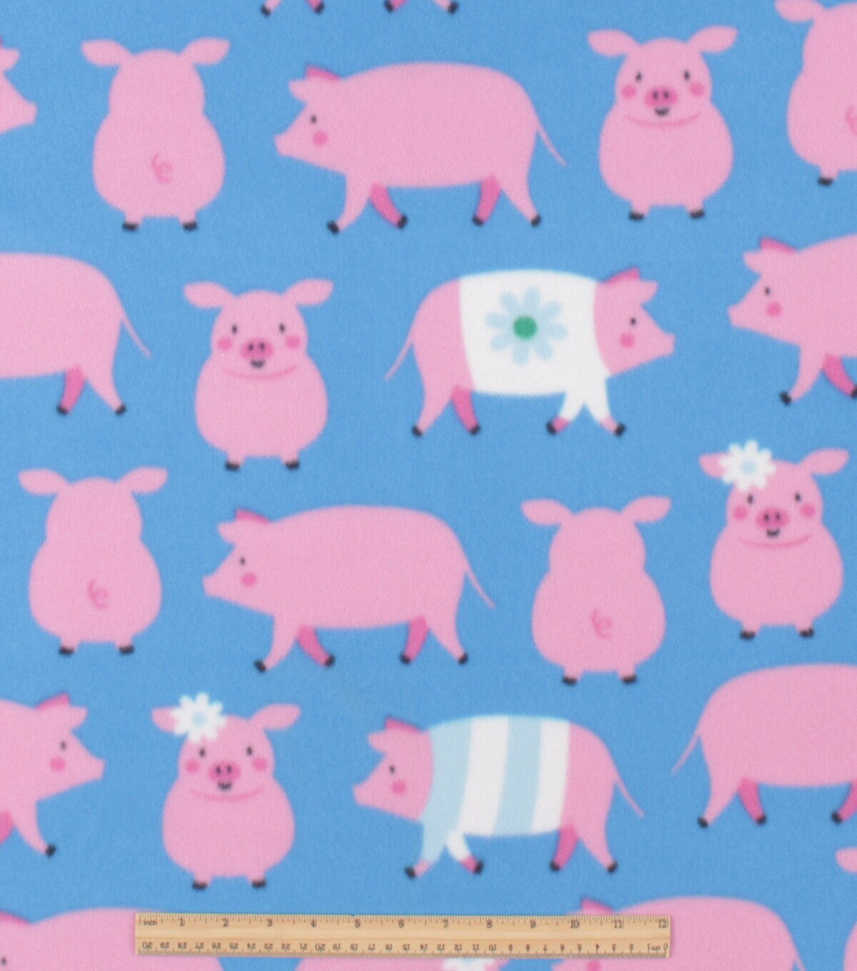 Happy Pigs on Blue Blizzard Fleece Fabric