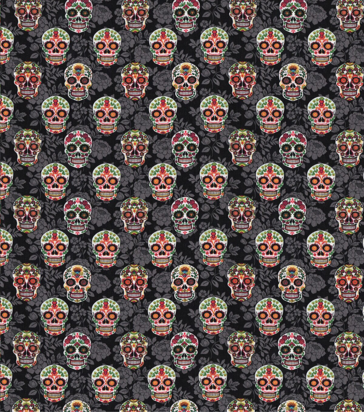Novelty Cotton Fabric Decorative Skulls On Black Floral